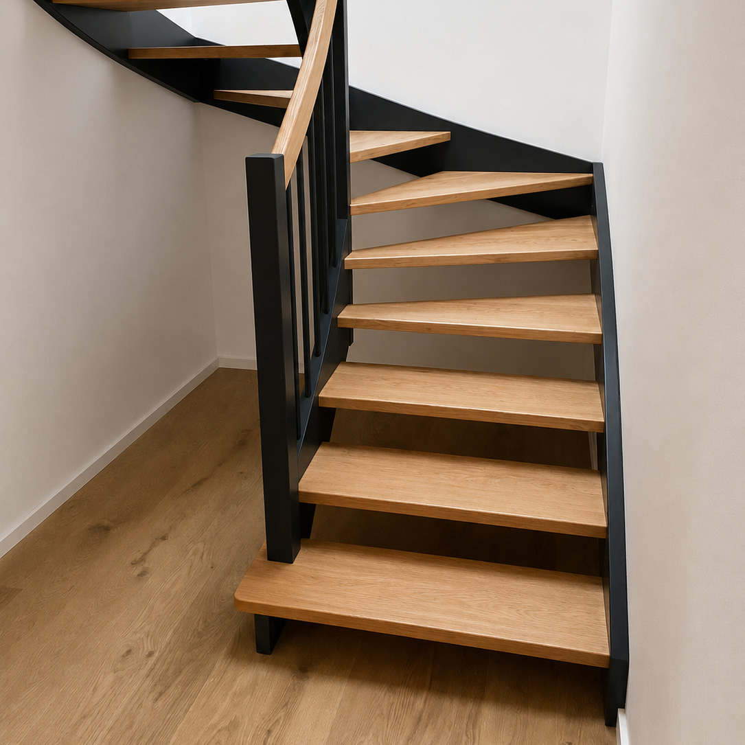 Holztreppe mit zwei Wangen, schwarz lackiert