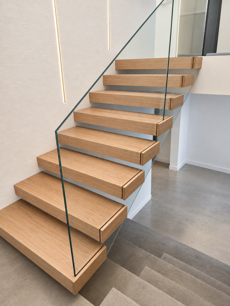 Eichenholzstufen von Kragarmtreppen, Glas, Frankfurt am Main