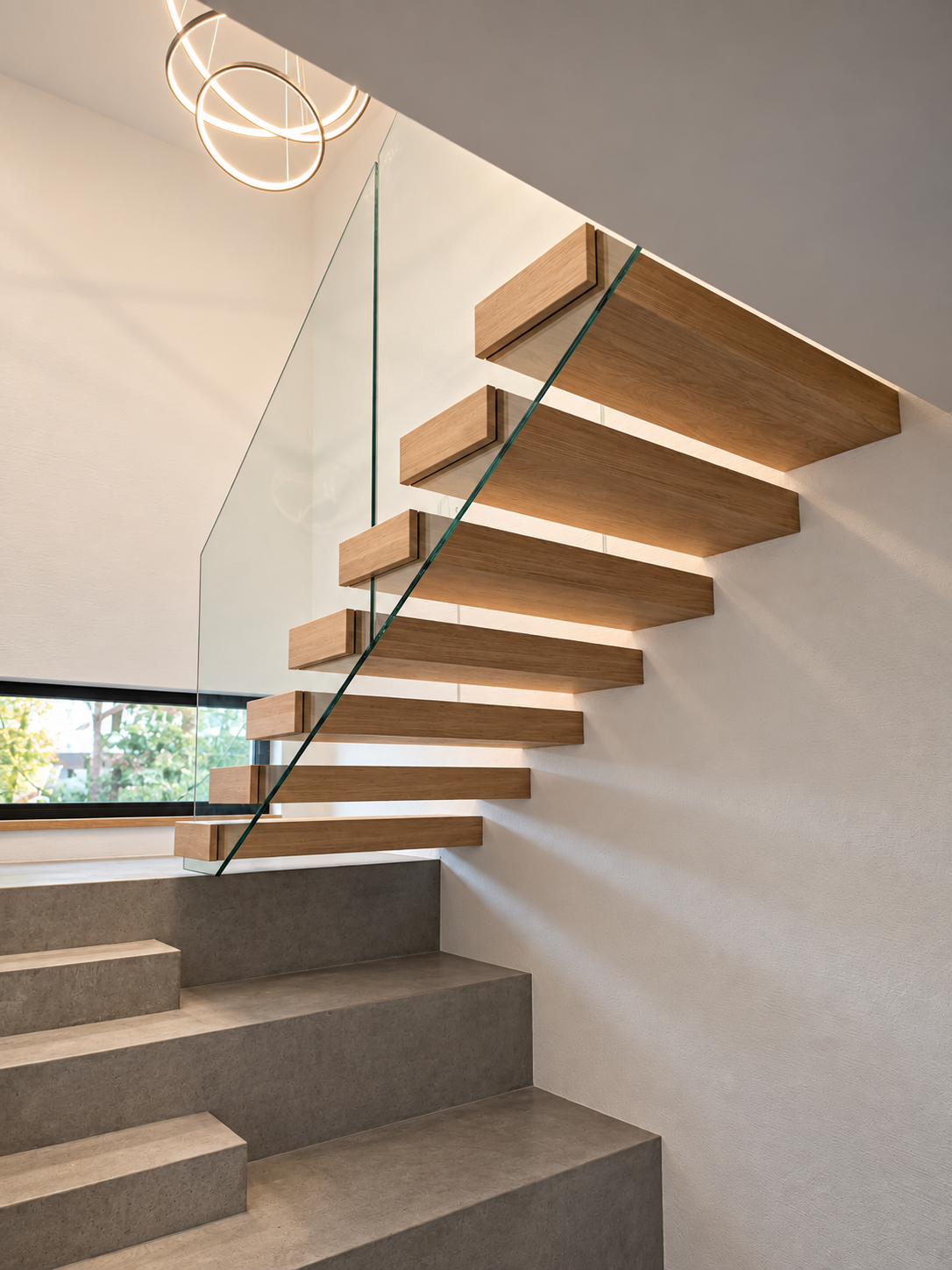Eichenholzstufen von Kragarmtreppen, Glas, Naturöl, Frankfurt am Main