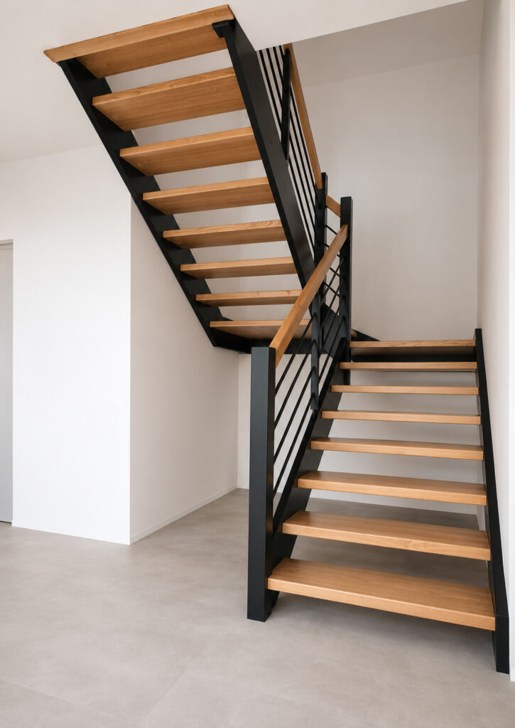 Holztreppe Klassik mit Eichenstufen, schwarzen Wangen und senkrechten Geländerstäben
